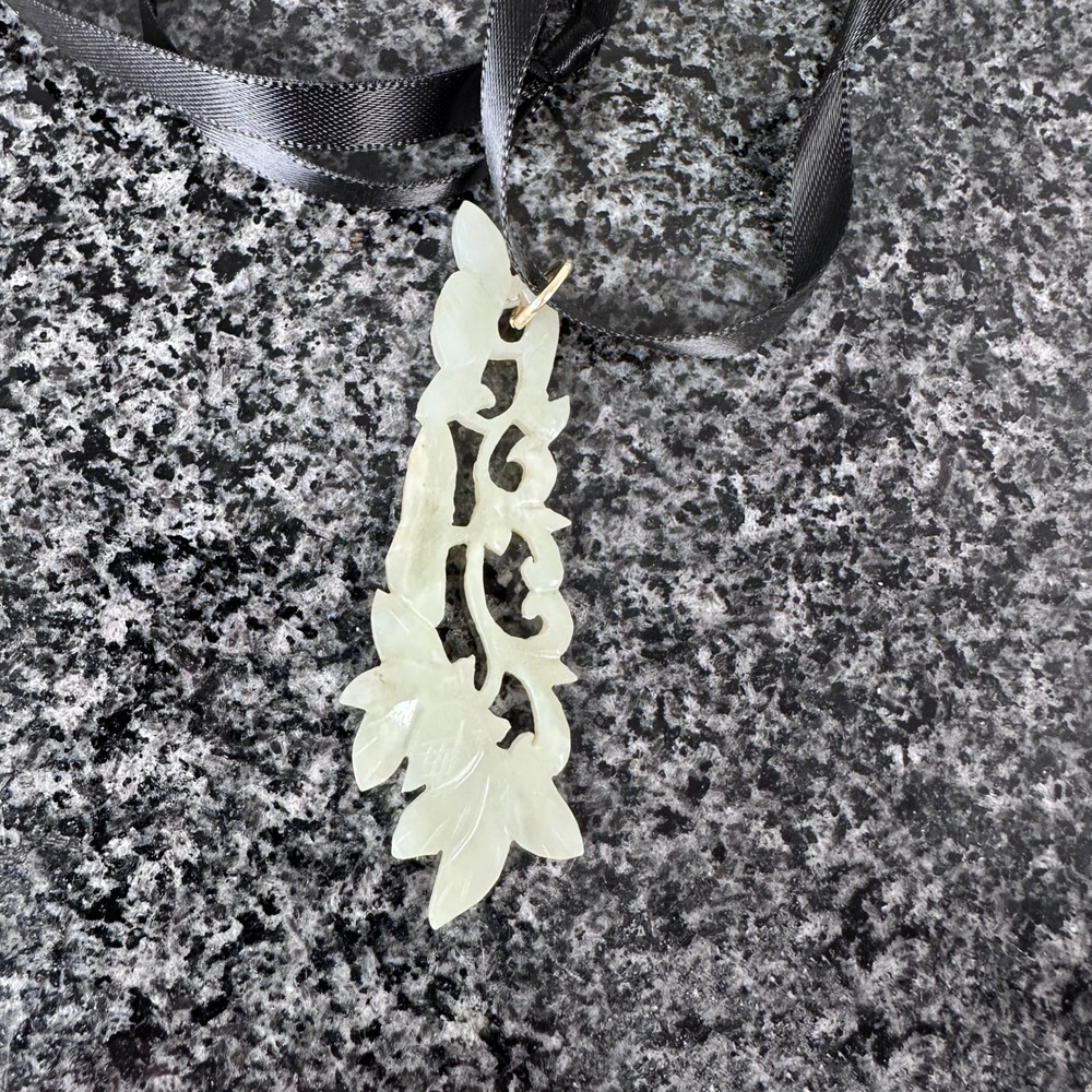 Chinese Carved Pale Green Jade Leaf‎ Pendant Openwork 2.5" Tall Black Ribbon